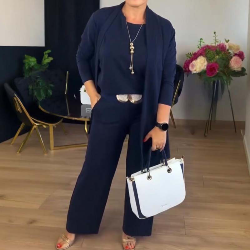 Ingrid Striksæt Dame 3-Delt – Lang Cardigan, Top og Bukser
