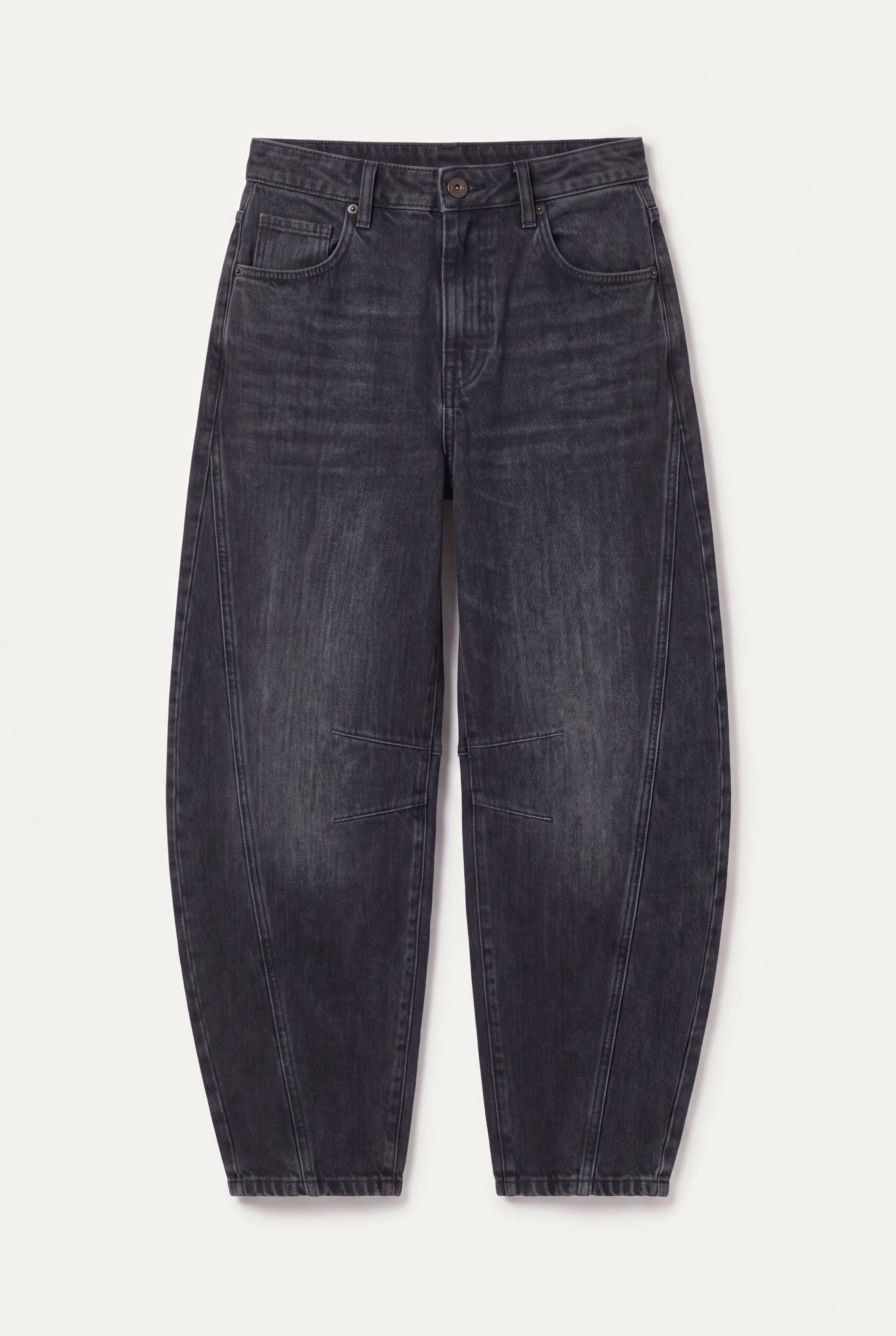 Barrel leg jeans dame i sort denim, produktbillede lagt fladt