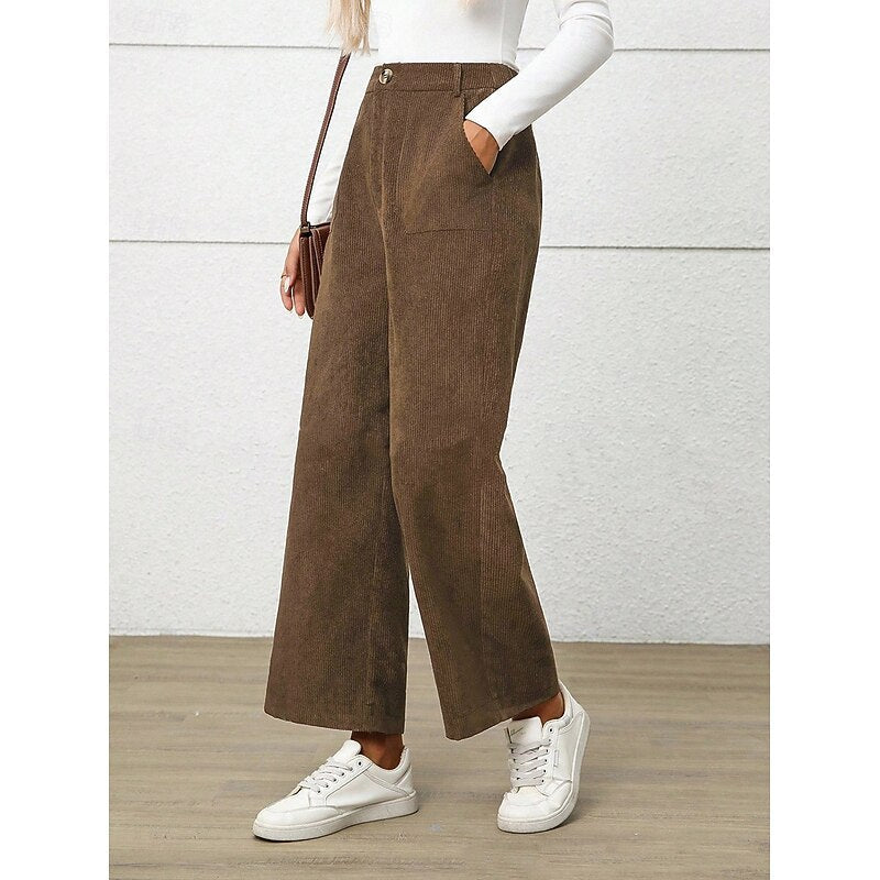 Corduroy Trousers Women – High Waist Wide Leg Trousers with Patch Pockets
