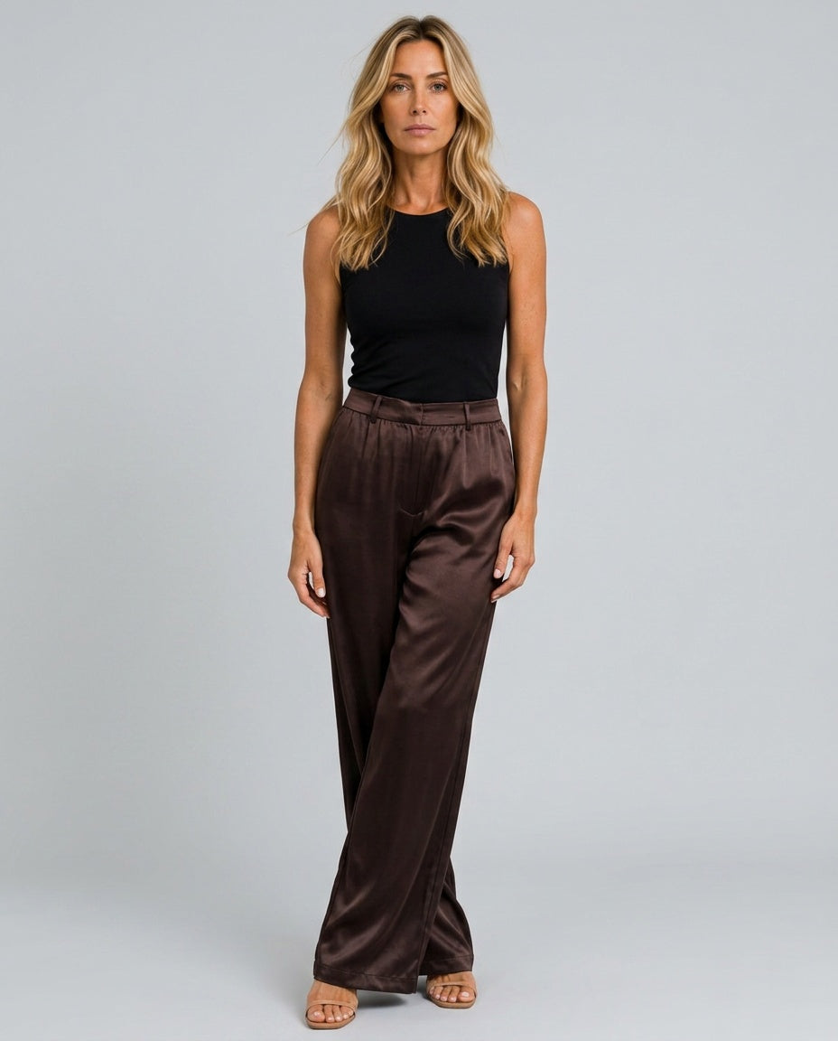 Satin Bukser Dame – Højtaljede Straight Leg Bukser med Plissé