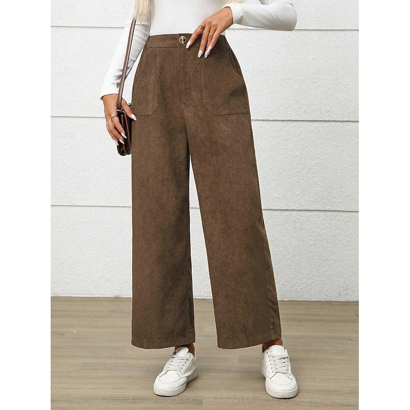 Corduroy Trousers Women – High Waist Wide Leg Trousers with Patch Pockets