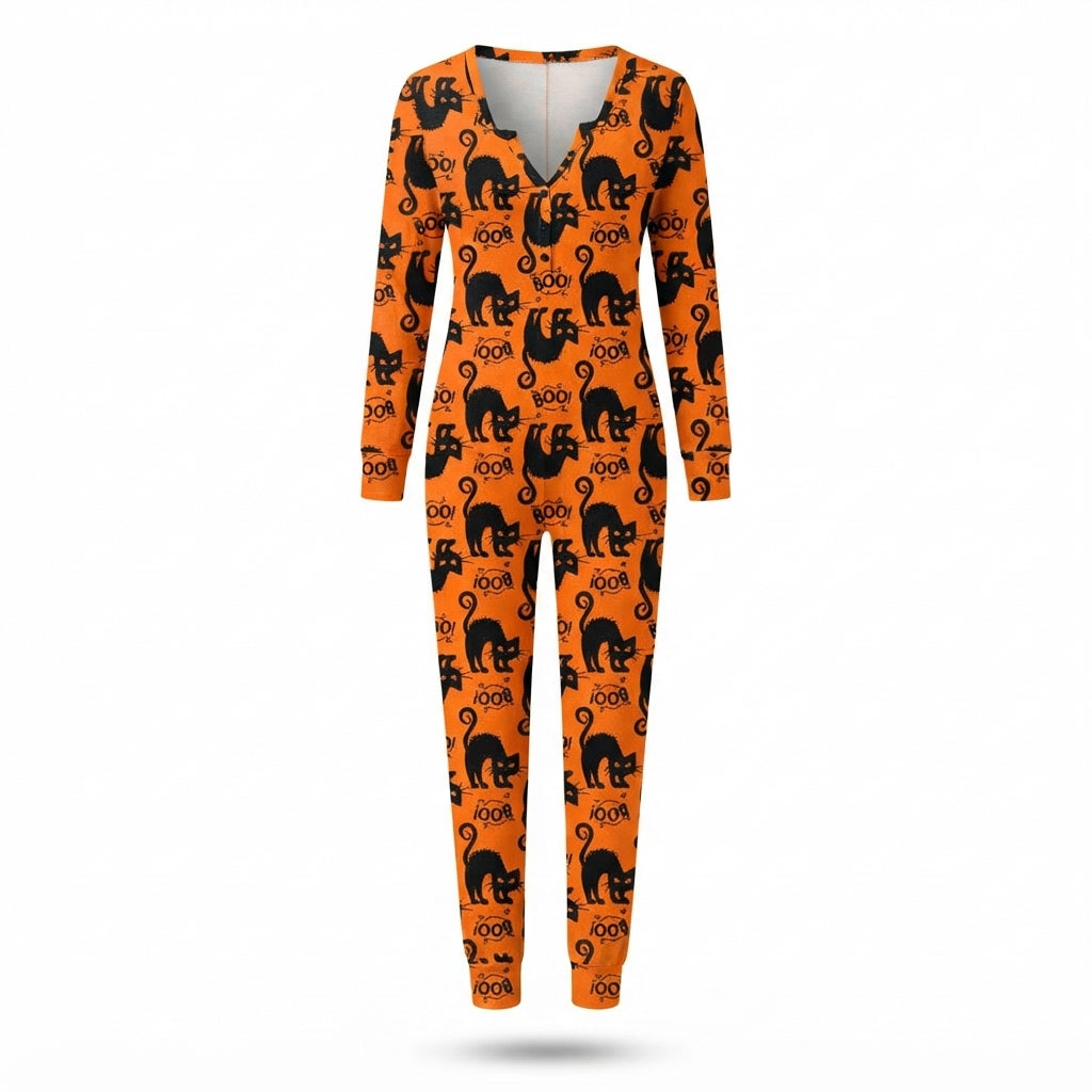 Halloween Jumpsuit Dame – Langærmet Onesie med Print