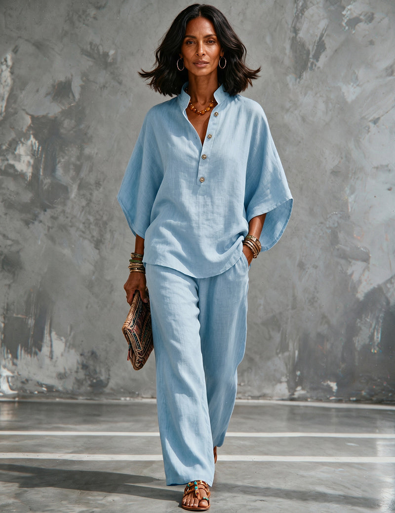 Linen Set Women 2 Piece – Batwing Top & Wide Leg Pants