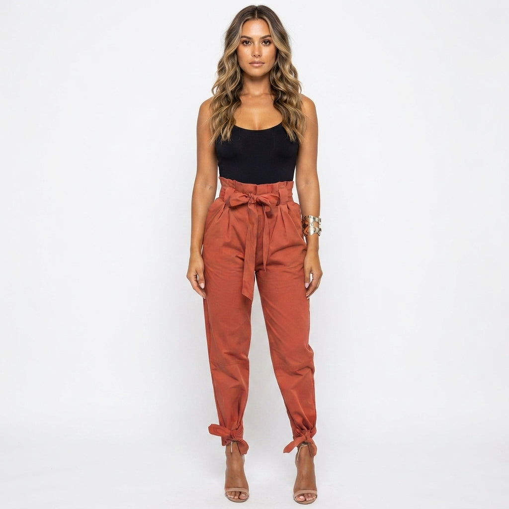 Paperbag Pants Women High Waist – Tie Belt Tapered Pants for Work