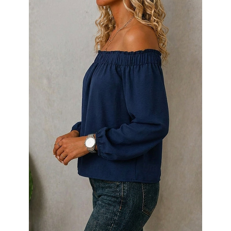 Off-Shoulder Top Dame – Bardotbluse med Volan og Lange Ærmer