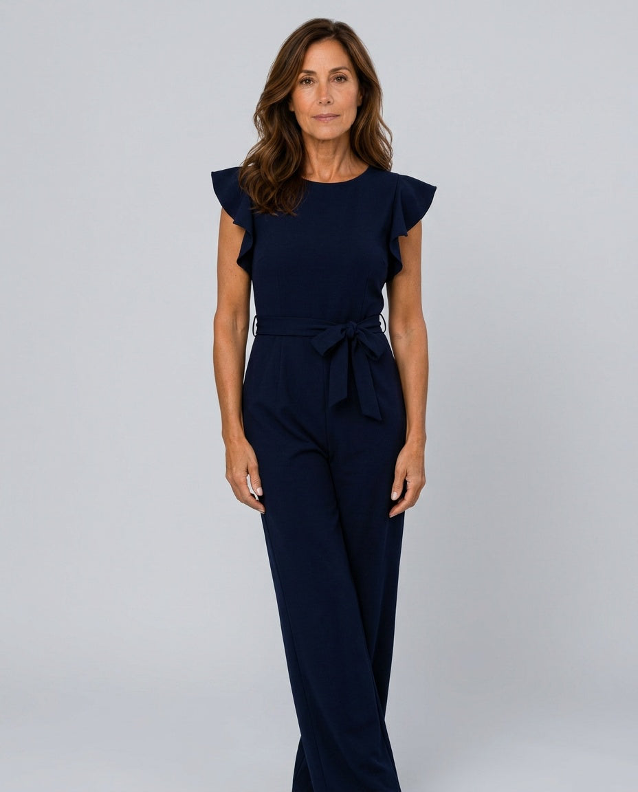 Ruffle Sleeve Jumpsuit Women – Straight Leg Tie Belt Jumpsuit