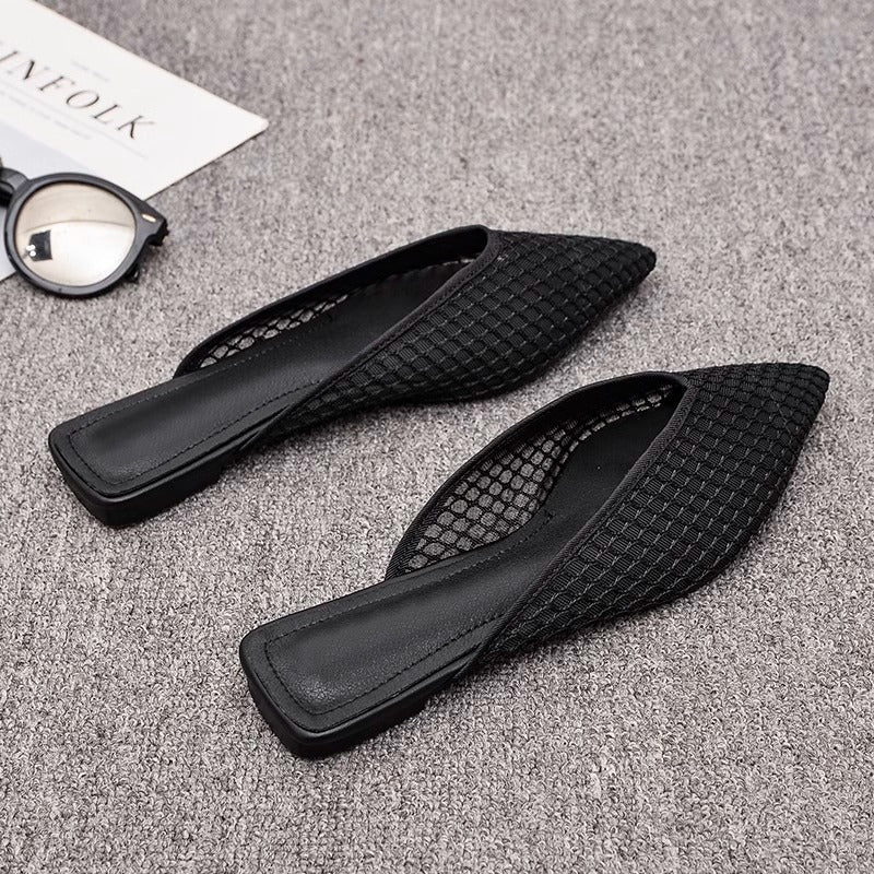 Mesh Mules Women – Pointed Toe Slip-On Block Heel Black