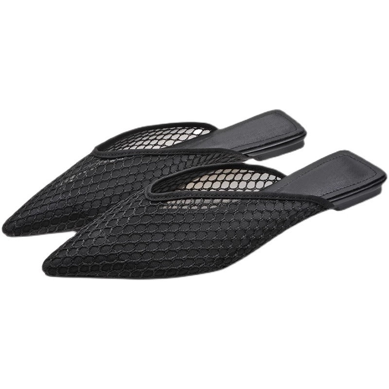 Mesh Mules Women – Pointed Toe Slip-On Block Heel Black