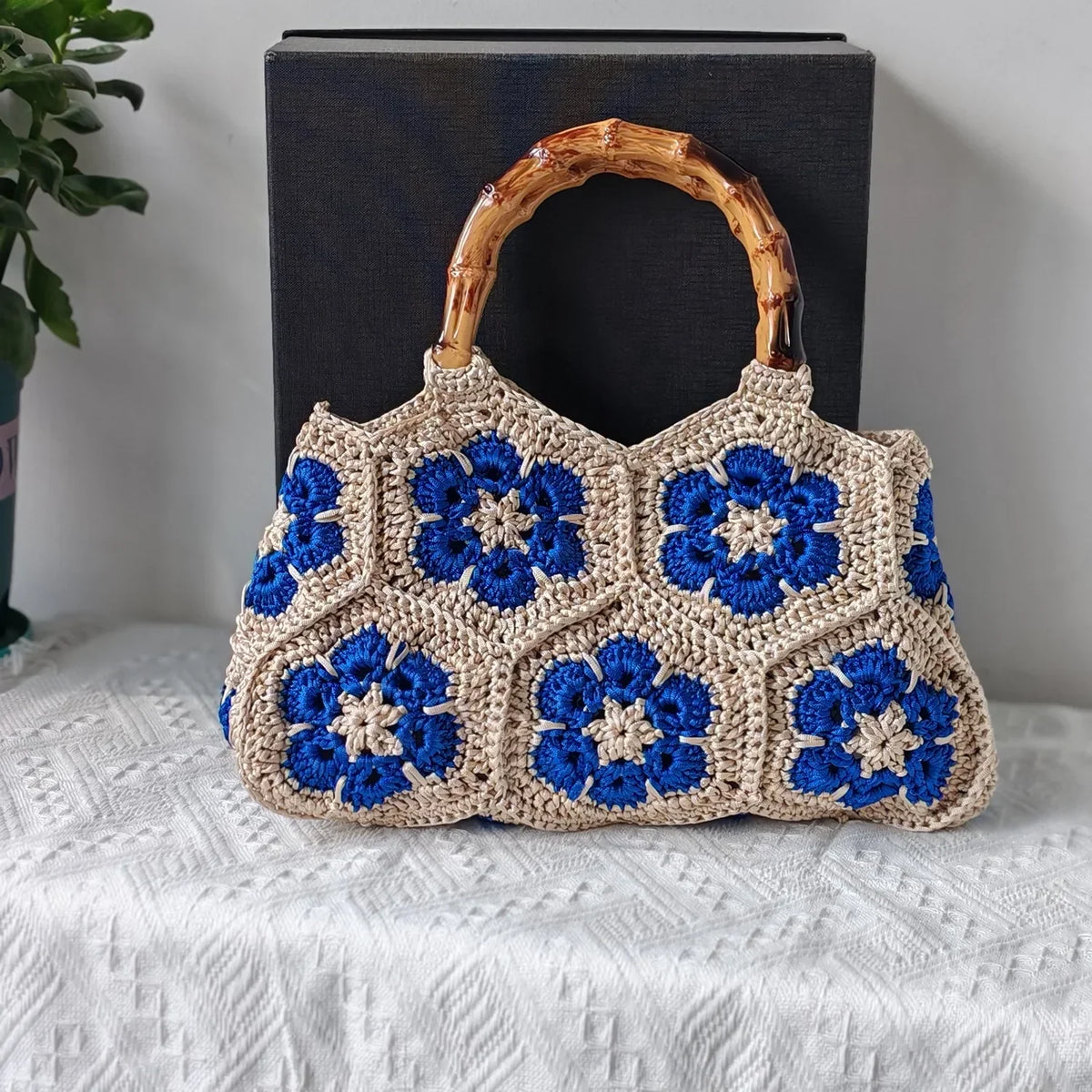 Crochet Handbag Women – Floral Summer Beach Bag with Bamboo Handle
