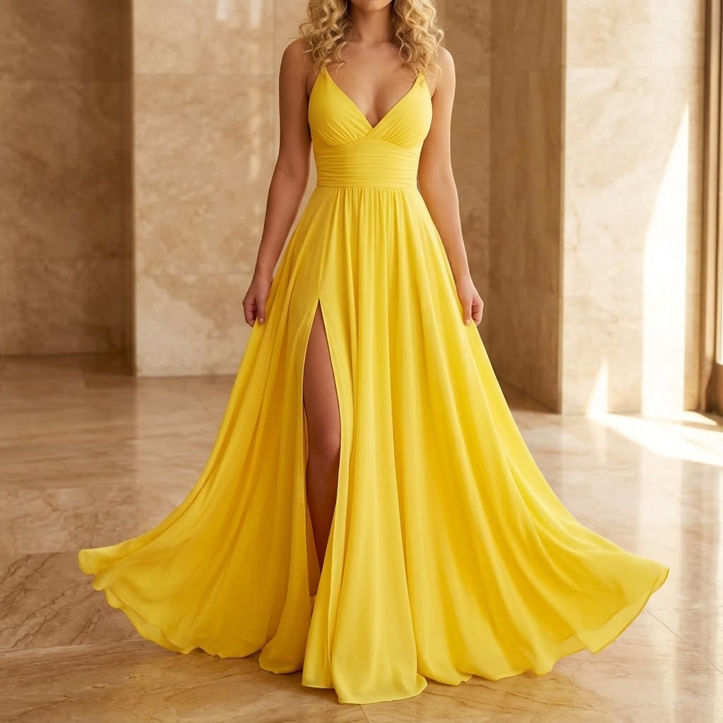 Chiffon Maxi Dress Women – V-Neck Wedding Guest Dress with Slit