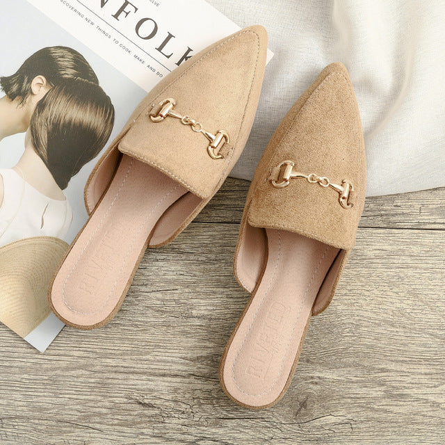 Mules Dame med Kædespænde – Spids Tå Slip-On Blokhæl