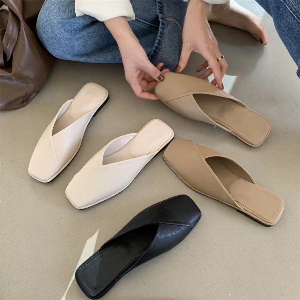 Square Toe Mules Women – Flat Crossover Strap Slip-On