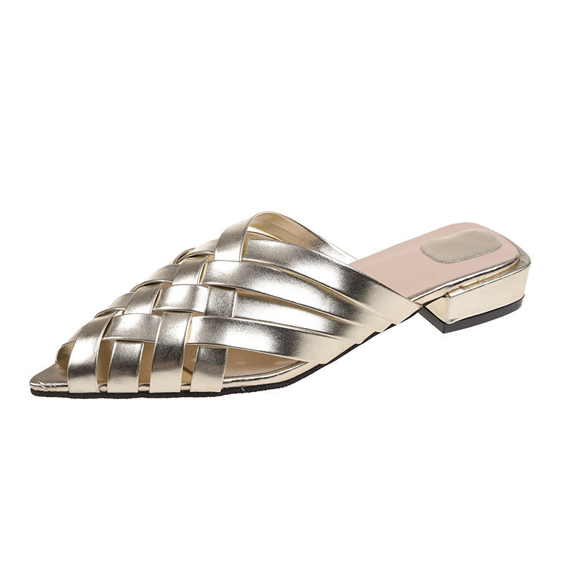 Metallic Mules Dame – Flettede Remme med Blokhæl Slip-On