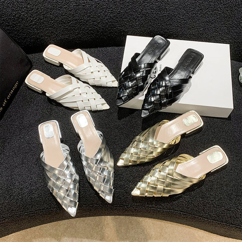 Metallic Mules Dame – Flettede Remme med Blokhæl Slip-On