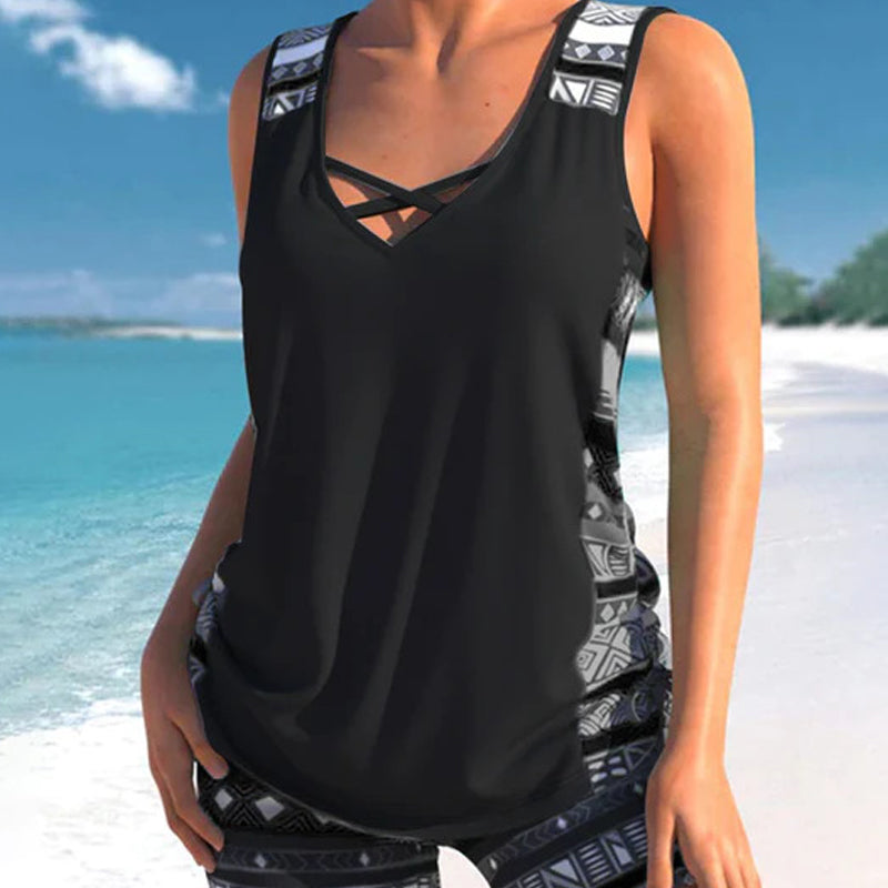 Tankini Set Women 2-Piece – Criss-Cross Neck Beach Swimwear with Shorts