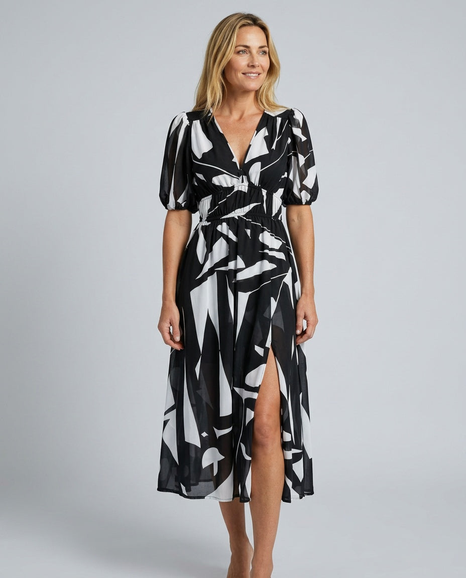 Puff Sleeve Midi Dress Women – V-Neck Pleated Abstract Dress