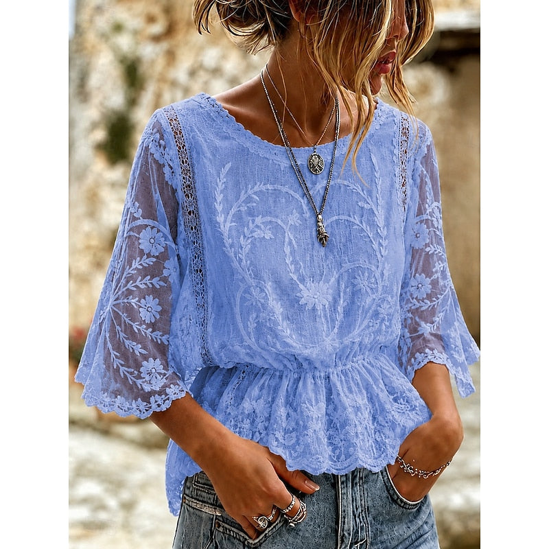 Broderet Bluse Dame – Blondebluse med Peplum og 3/4 Ærmer