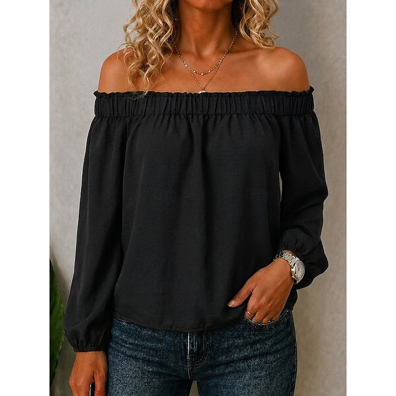 Off-Shoulder Top Dame – Bardotbluse med Volan og Lange Ærmer