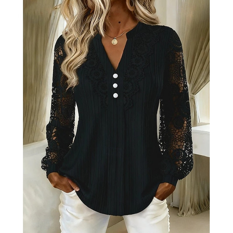 Blondebluse Dame – V-hals Bluse med Knapper og Lange Ærmer